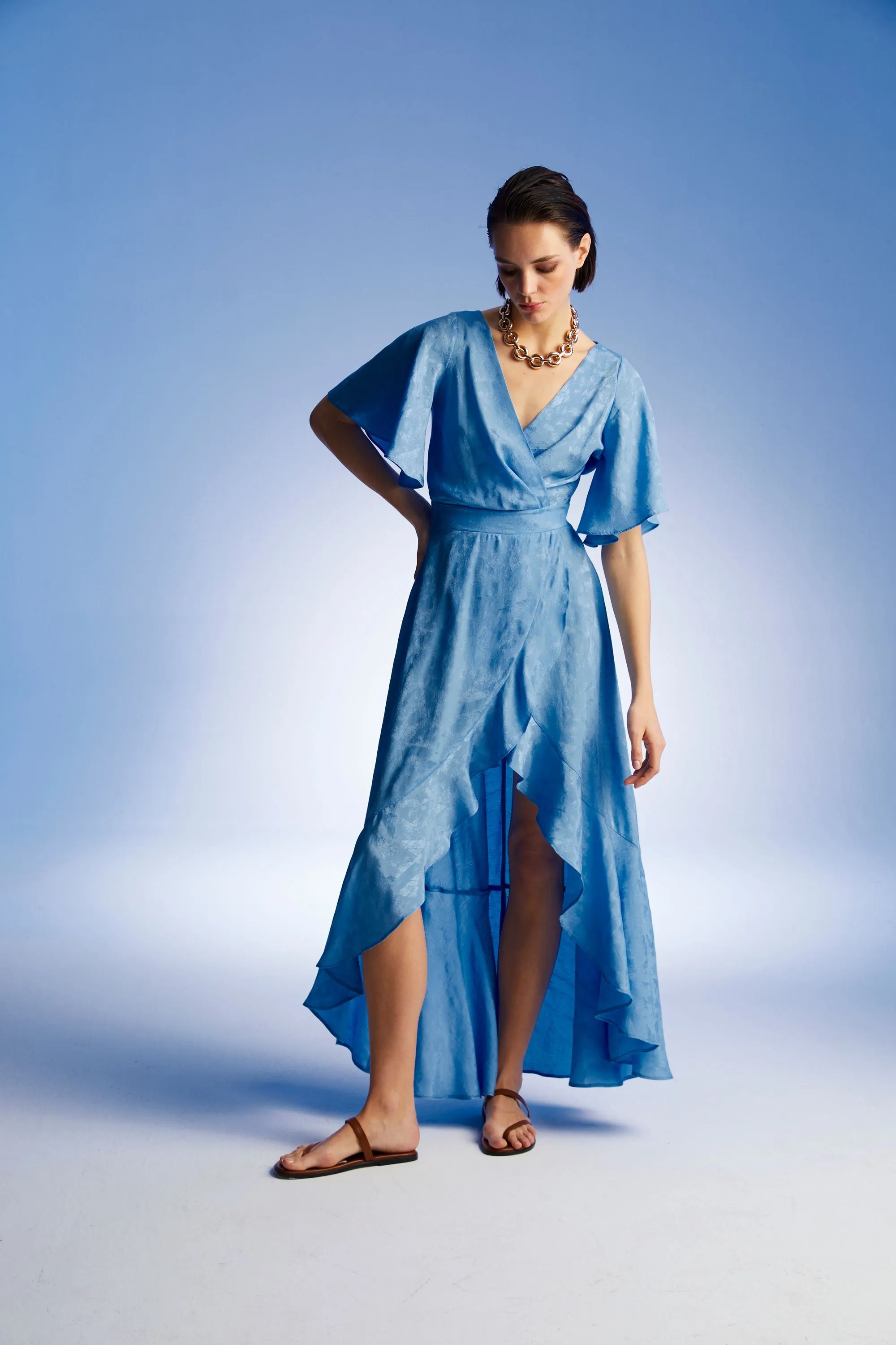 Asymmetric Flounce Blue Long Dress