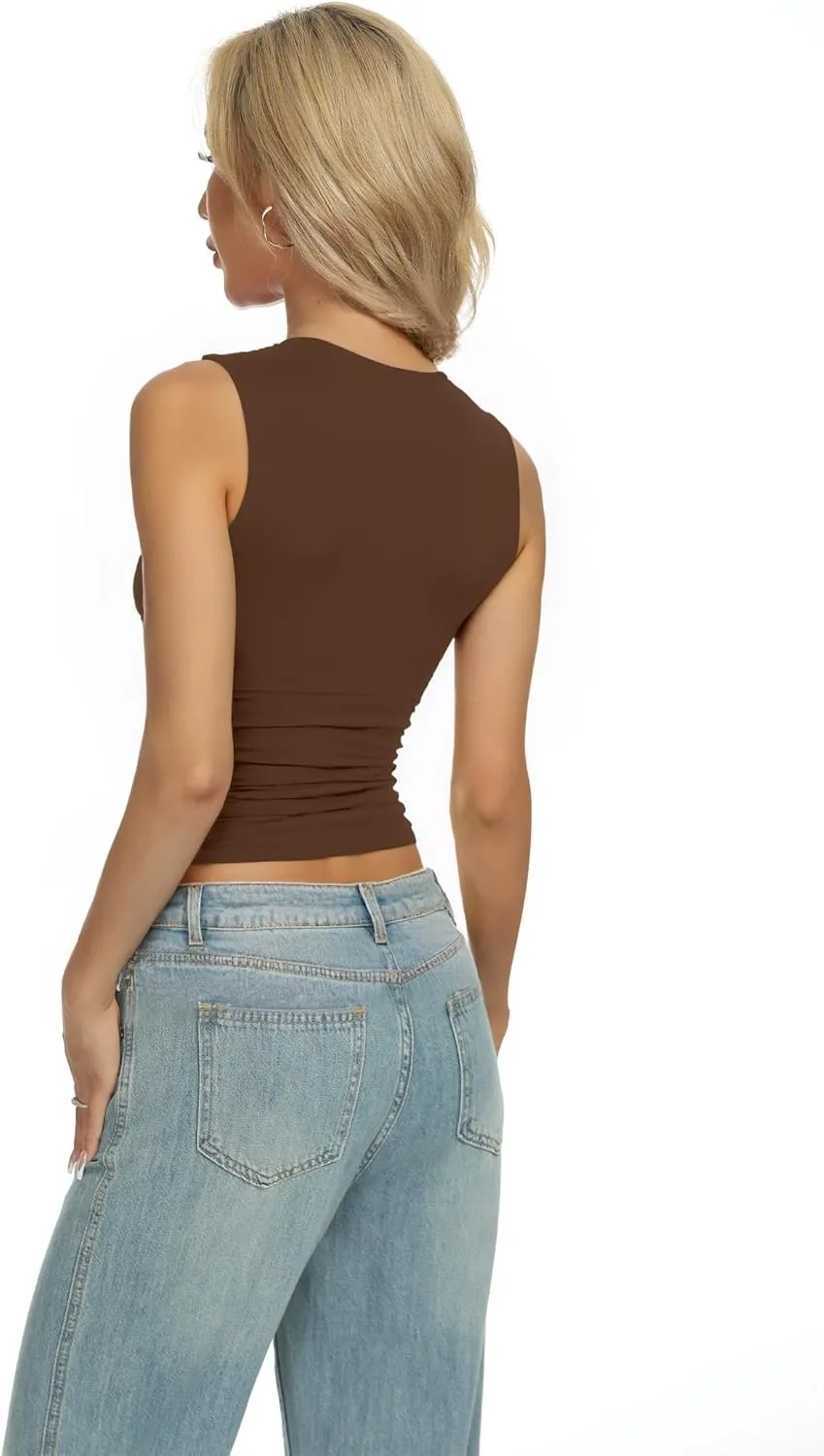 AURUZA Women Going Out Casual Tank Tops Boat Neck Sleeveless Crop Tank High Neck Slim Fit Cropped T Shirt Y2k Fashion Outfits