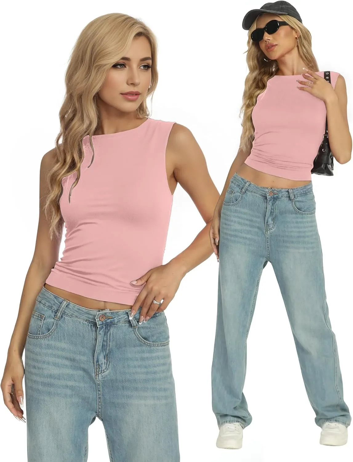 AURUZA Women Going Out Casual Tank Tops Boat Neck Sleeveless Crop Tank High Neck Slim Fit Cropped T Shirt Y2k Fashion Outfits