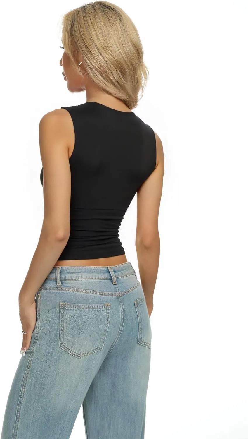 AURUZA Women Going Out Casual Tank Tops Boat Neck Sleeveless Crop Tank High Neck Slim Fit Cropped T Shirt Y2k Fashion Outfits