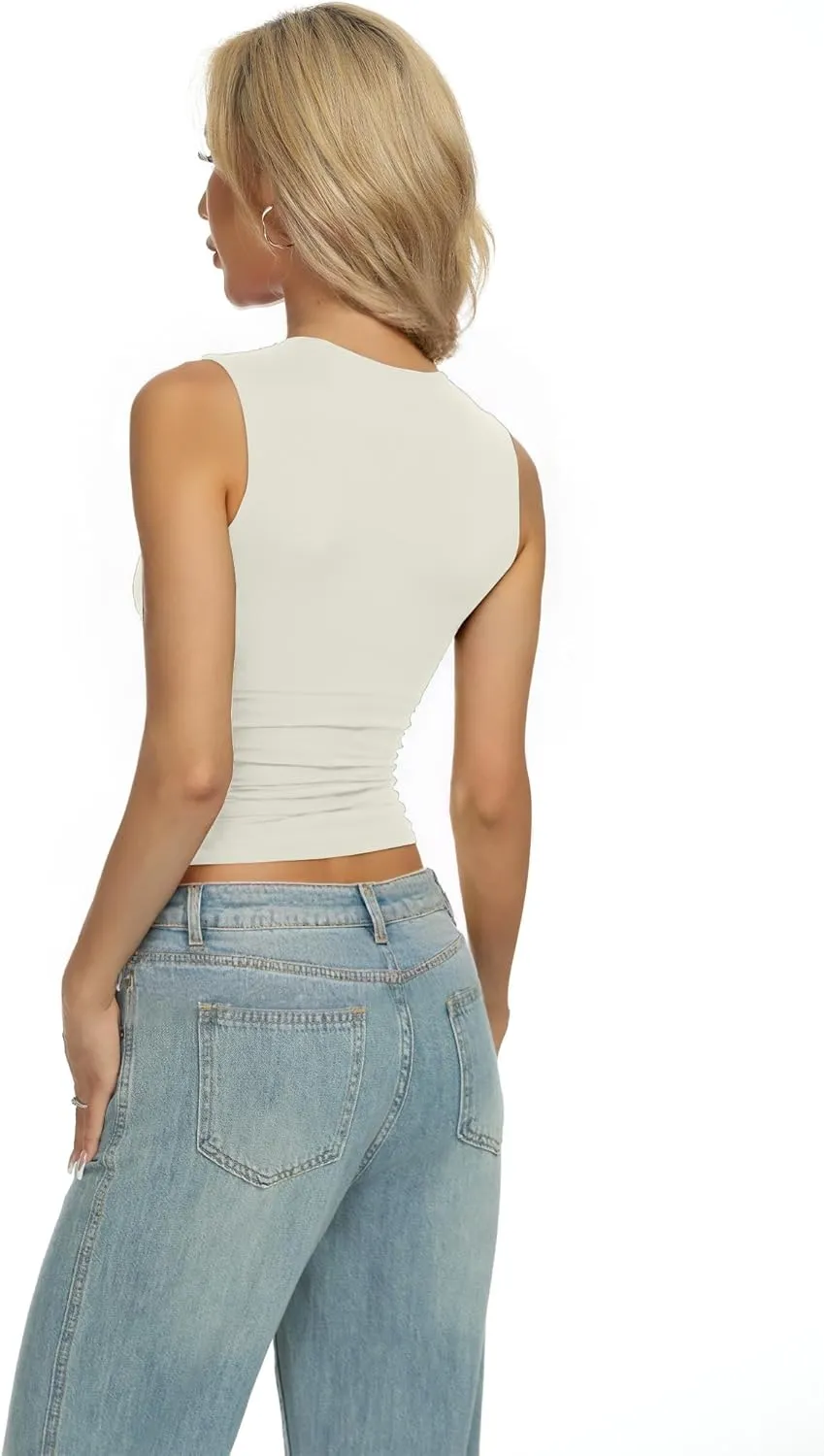 AURUZA Women Going Out Casual Tank Tops Boat Neck Sleeveless Crop Tank High Neck Slim Fit Cropped T Shirt Y2k Fashion Outfits