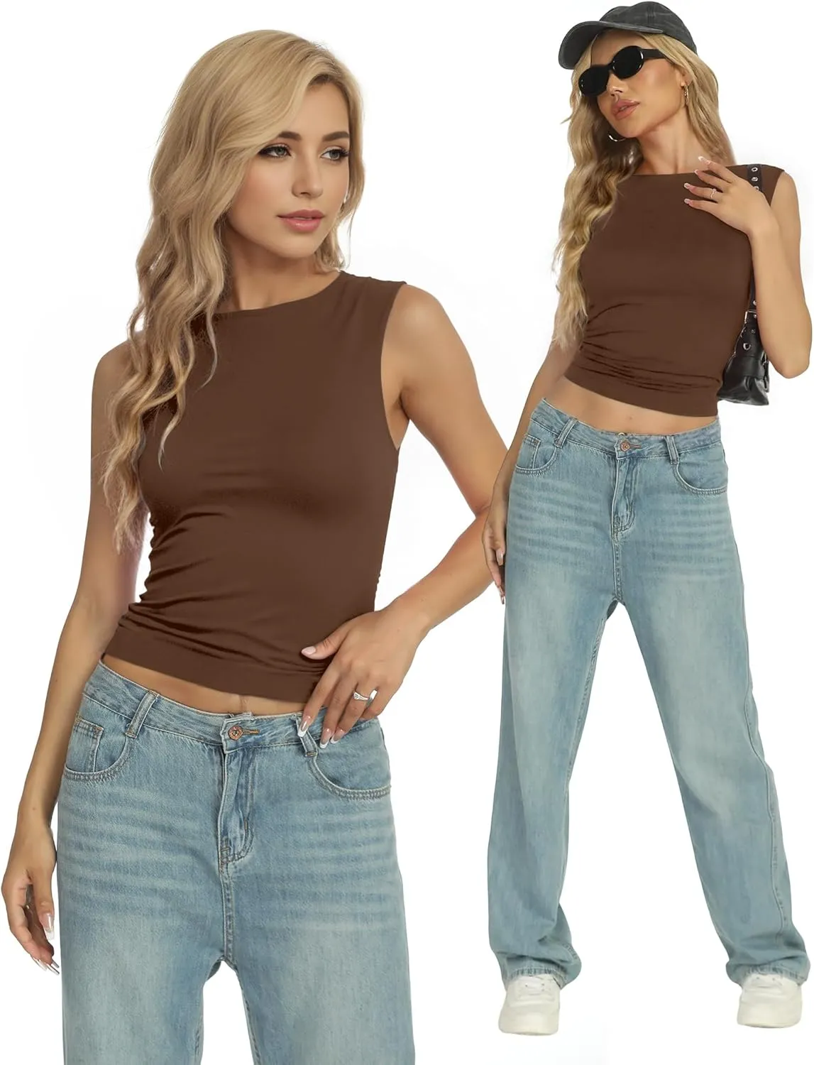 AURUZA Women Going Out Casual Tank Tops Boat Neck Sleeveless Crop Tank High Neck Slim Fit Cropped T Shirt Y2k Fashion Outfits