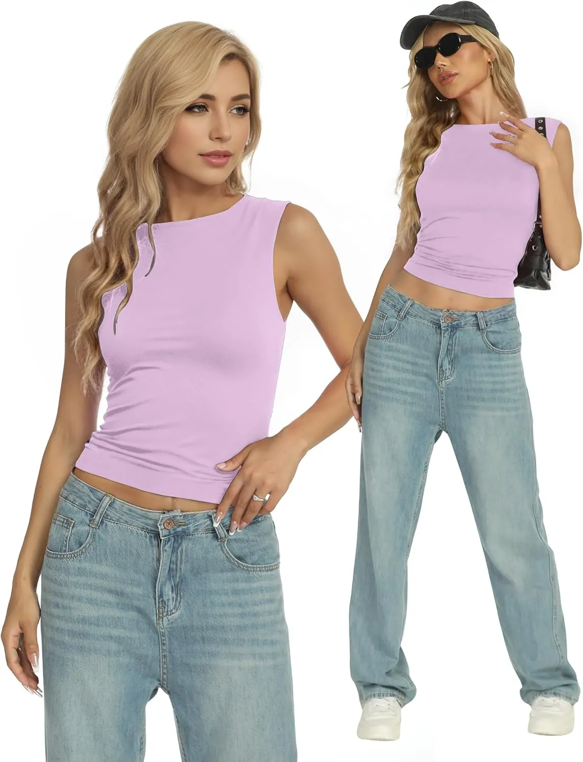 AURUZA Women Going Out Casual Tank Tops Boat Neck Sleeveless Crop Tank High Neck Slim Fit Cropped T Shirt Y2k Fashion Outfits