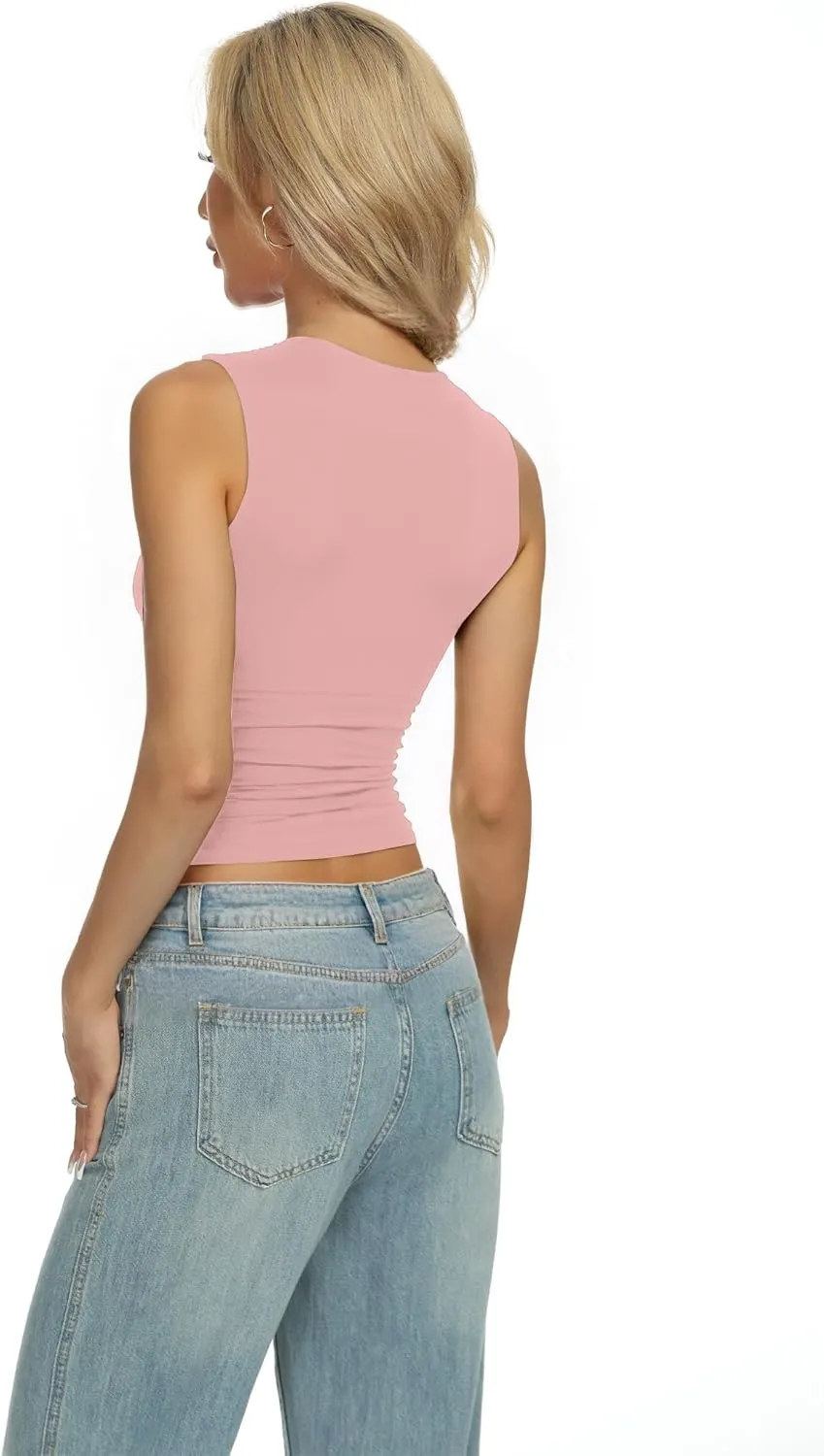 AURUZA Women Going Out Casual Tank Tops Boat Neck Sleeveless Crop Tank High Neck Slim Fit Cropped T Shirt Y2k Fashion Outfits