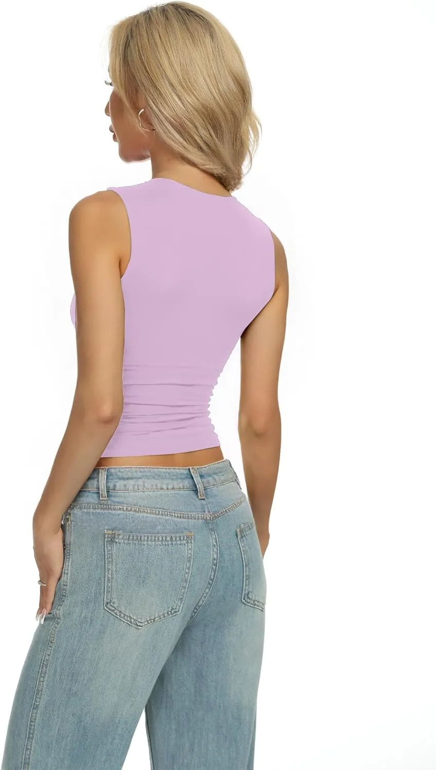 AURUZA Women Going Out Casual Tank Tops Boat Neck Sleeveless Crop Tank High Neck Slim Fit Cropped T Shirt Y2k Fashion Outfits