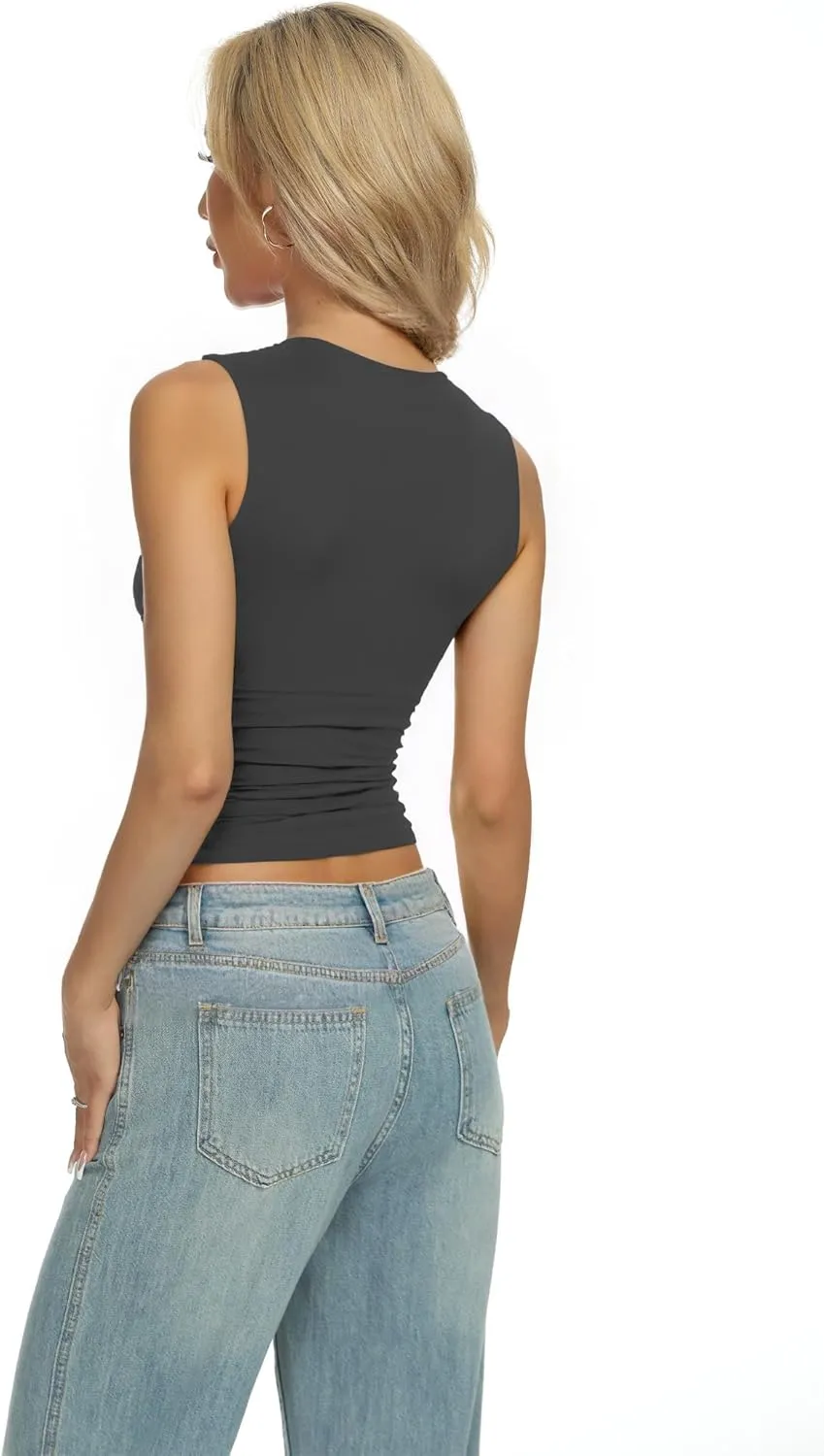 AURUZA Women Going Out Casual Tank Tops Boat Neck Sleeveless Crop Tank High Neck Slim Fit Cropped T Shirt Y2k Fashion Outfits