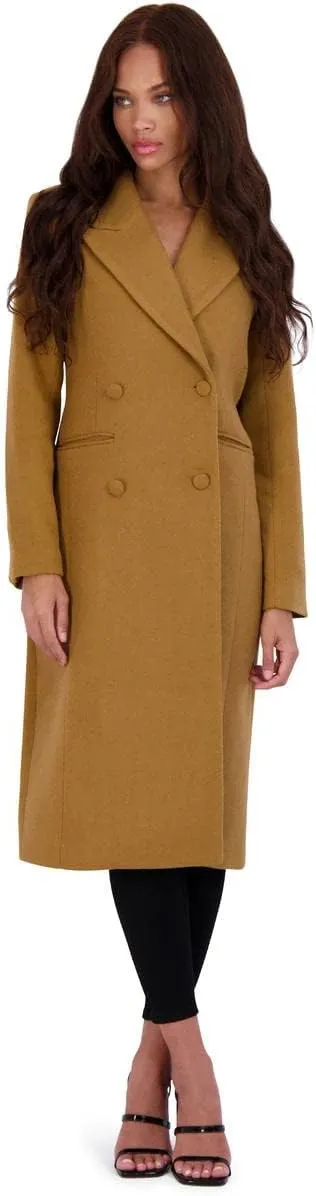 Avec Les Filles Womens Double Breasted Tailored Wool Blend Coat with Peak Lapel