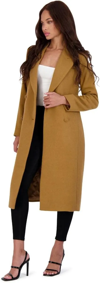 Avec Les Filles Womens Double Breasted Tailored Wool Blend Coat with Peak Lapel