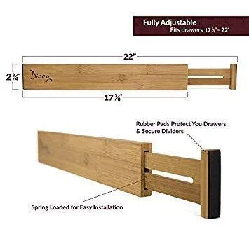Bamboo Wooden Drawer Divider, Set of 4 | Adjustable Organizers | Natural Organic Bamboo | Expandable, Spring Loaded | Works in Kitchen, Dresser, Bathroom, Bedroom, Desk, Baby