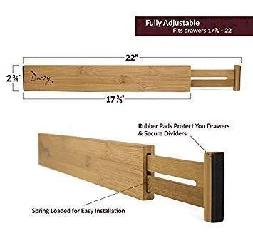 Bamboo Wooden Drawer Divider, Set of 4 | Adjustable Organizers | Natural Organic Bamboo | Expandable, Spring Loaded | Works in Kitchen, Dresser, Bathroom, Bedroom, Desk, Baby