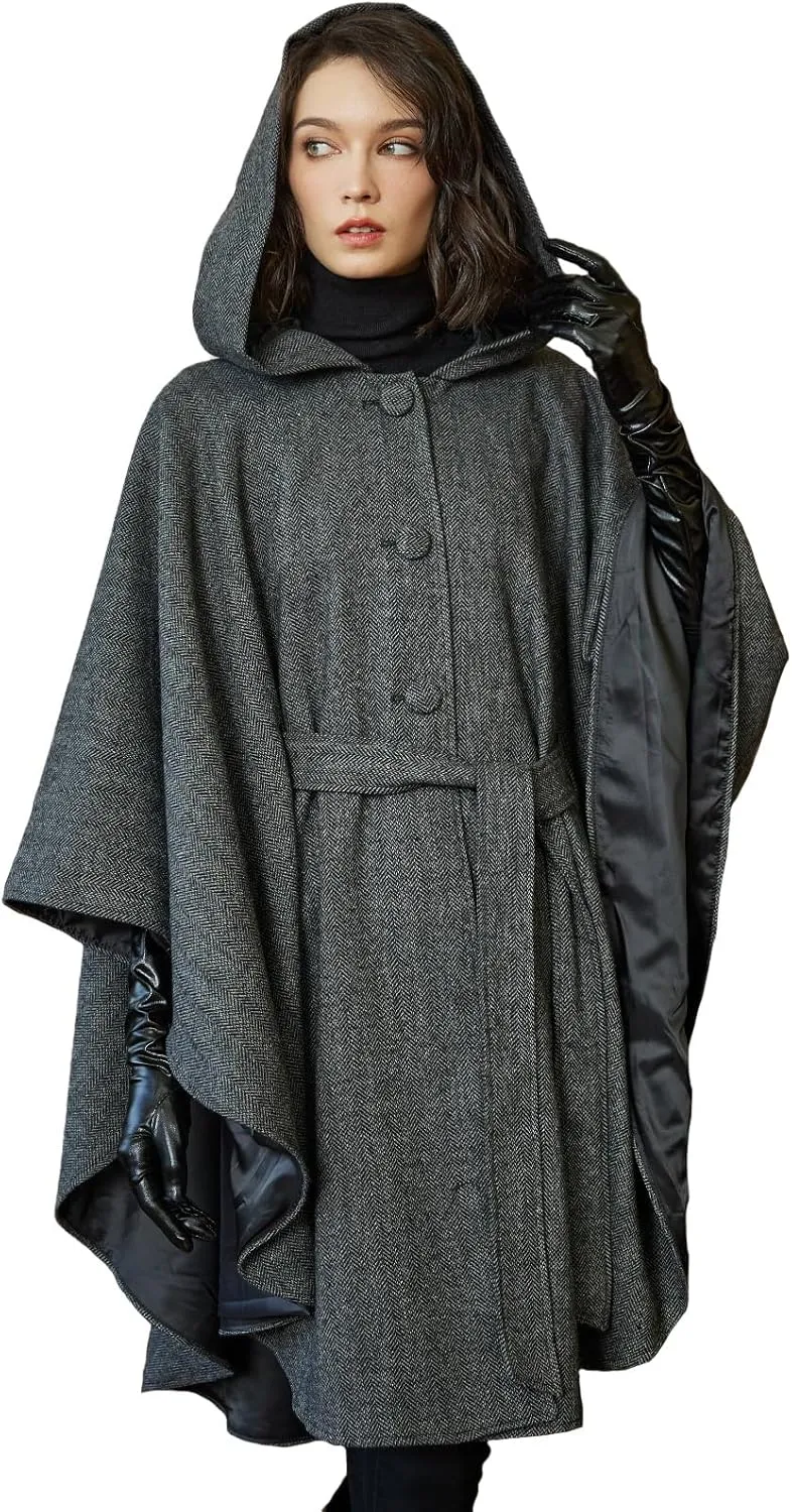 BEAUTELICATE Women Tweed Hooded Belted Cloak Buttons Closure Sleeveless Satin Lining Wool Poncho