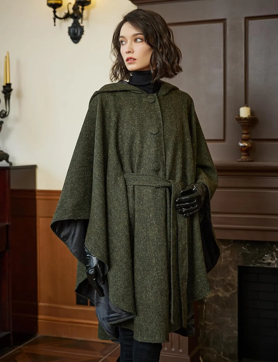 BEAUTELICATE Women Tweed Hooded Belted Cloak Buttons Closure Sleeveless Satin Lining Wool Poncho