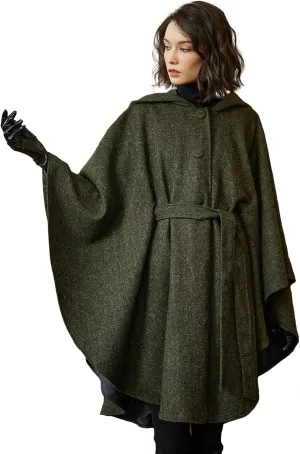 BEAUTELICATE Women Tweed Hooded Belted Cloak Buttons Closure Sleeveless Satin Lining Wool Poncho