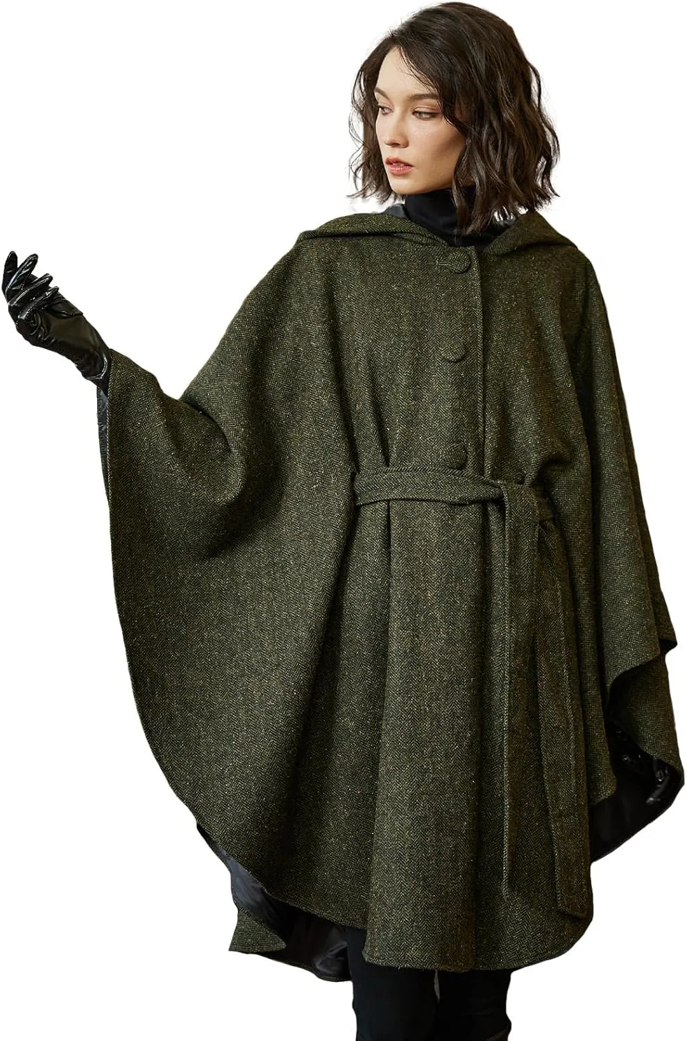 BEAUTELICATE Women Tweed Hooded Belted Cloak Buttons Closure Sleeveless Satin Lining Wool Poncho