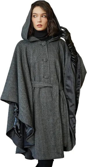 BEAUTELICATE Women Tweed Hooded Belted Cloak Buttons Closure Sleeveless Satin Lining Wool Poncho