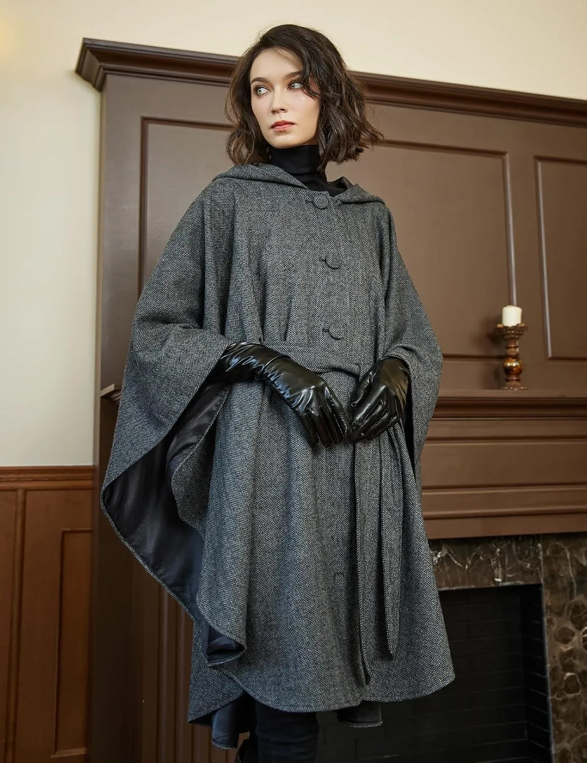 BEAUTELICATE Women Tweed Hooded Belted Cloak Buttons Closure Sleeveless Satin Lining Wool Poncho