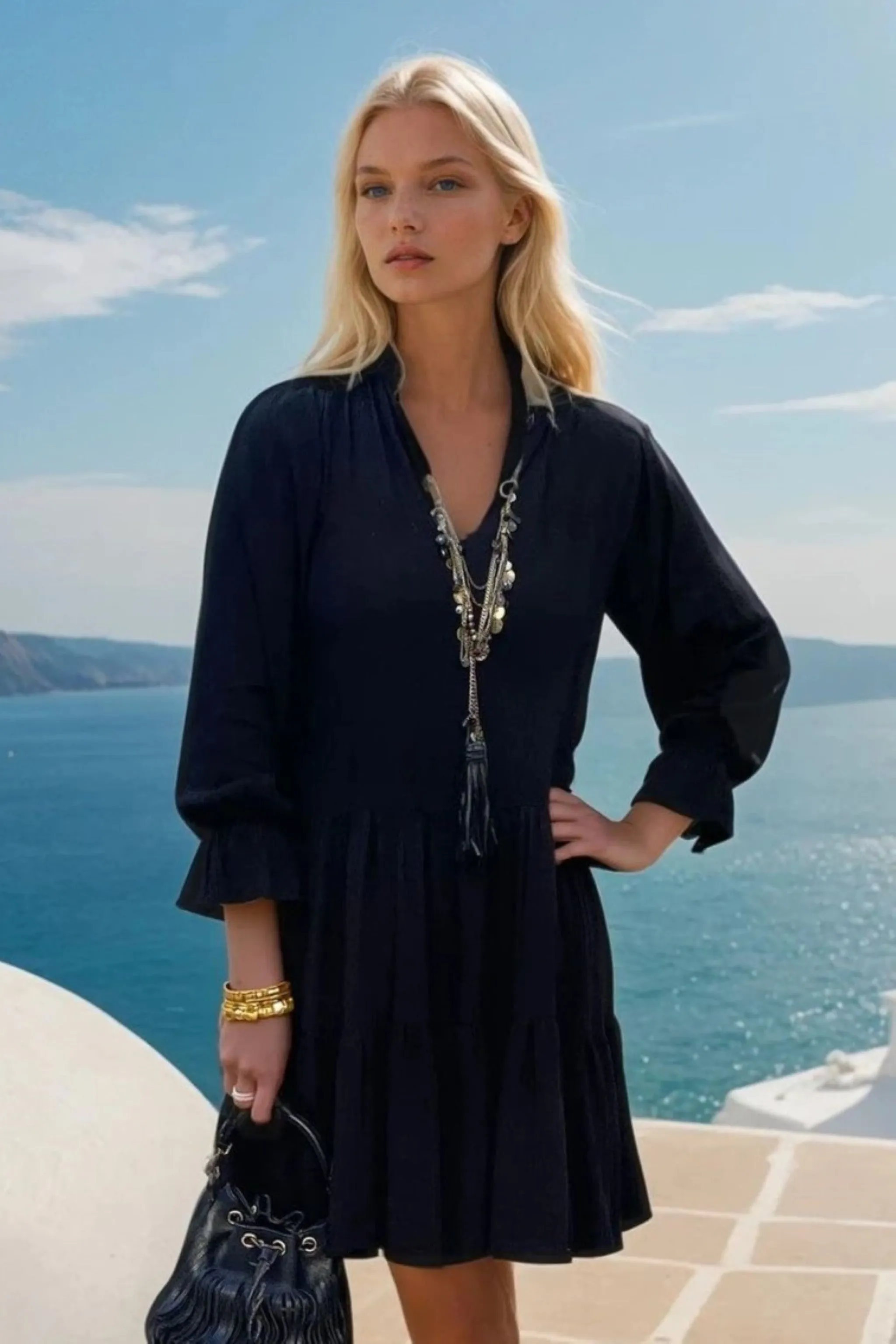 Black Cotton Tiered Loose Dress