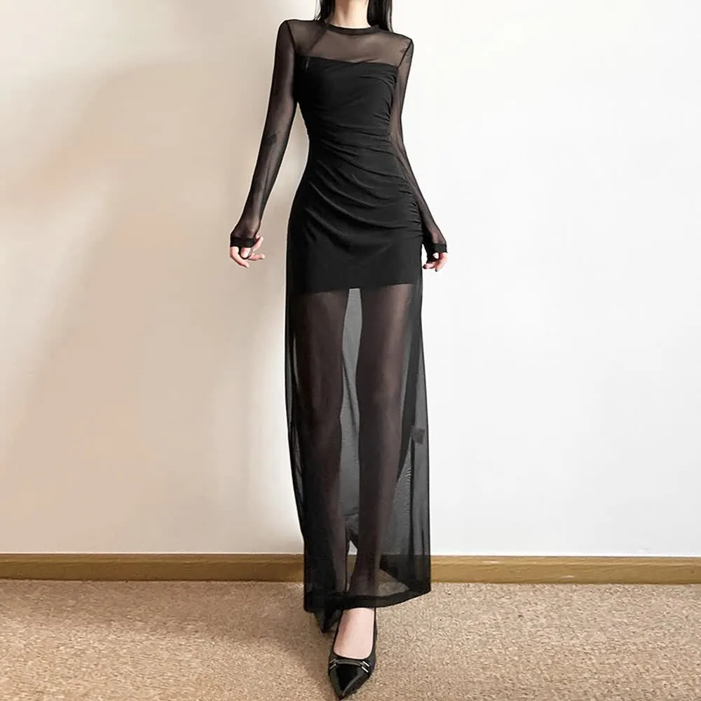Black Gothic Mesh Overlay Long Sleeve Maxi Dress
