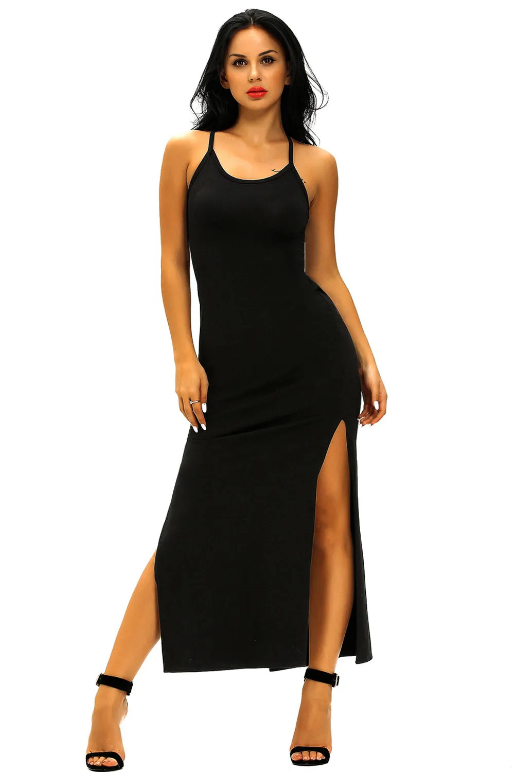 Black Spaghetti Straps Ribbed Cutout Jersey Dress