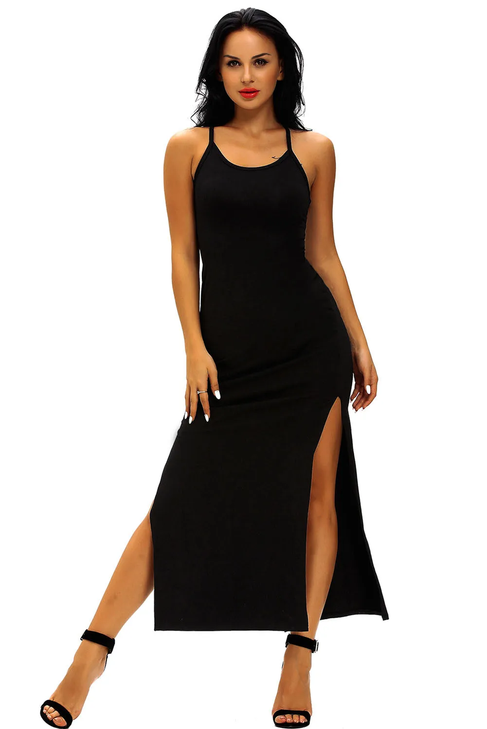 Black Spaghetti Straps Ribbed Cutout Jersey Dress
