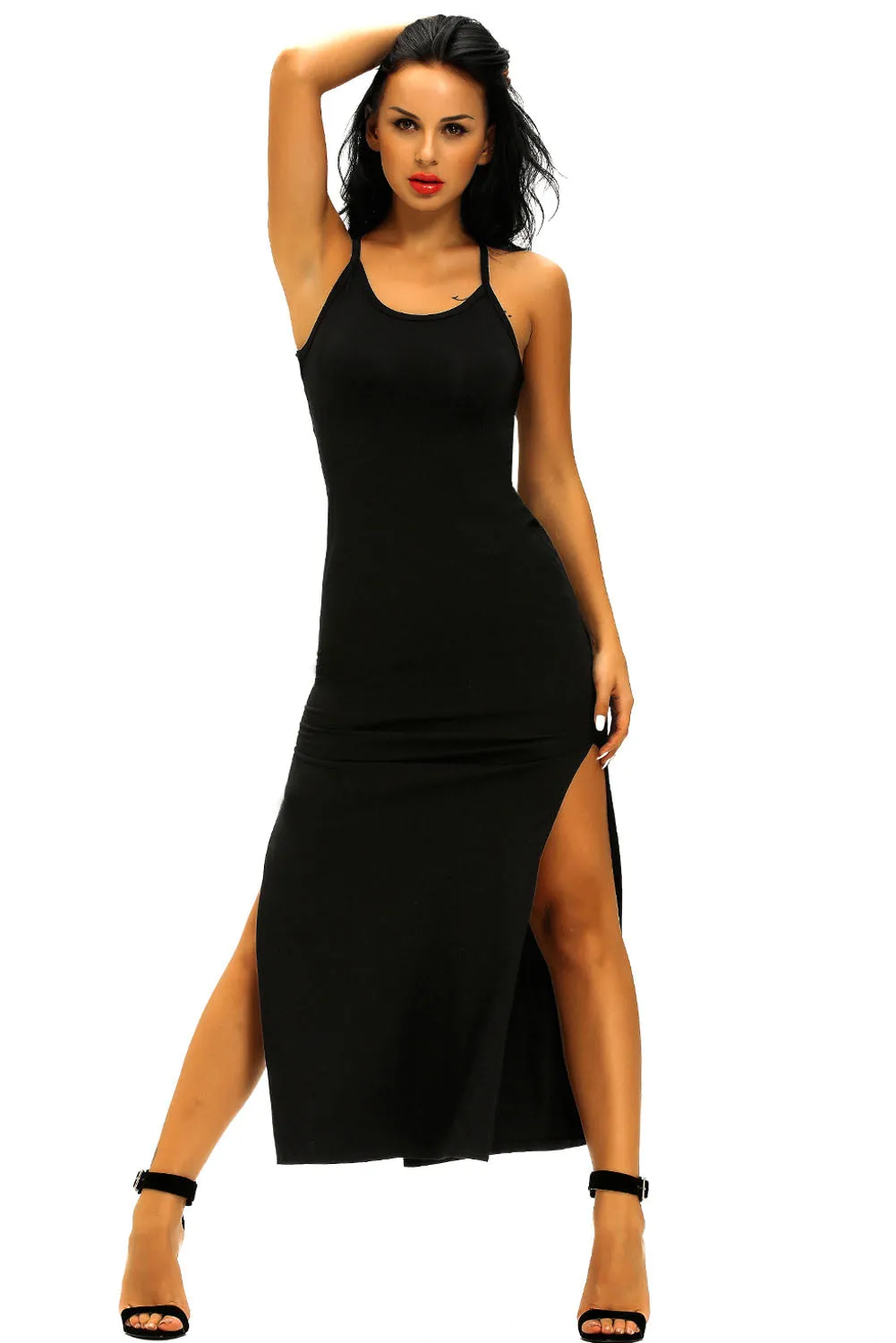 Black Spaghetti Straps Ribbed Cutout Jersey Dress