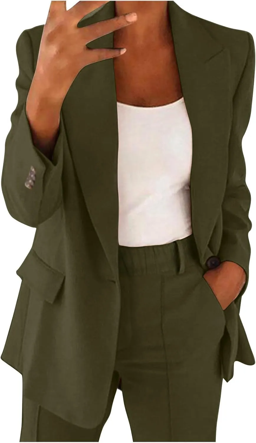 Blazer Sets Women 2 Piece Outfits Open Front Business Casual Jackets Elastic Waist Dress Pants Fashion Suit Sets