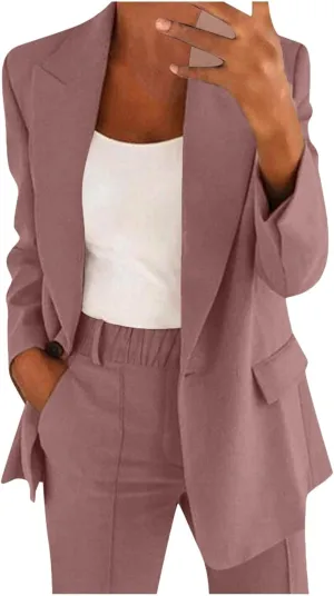 Blazer Sets Women 2 Piece Outfits Open Front Business Casual Jackets Elastic Waist Dress Pants Fashion Suit Sets