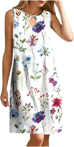 Boho Floral Dresses Womens Sleeveless Hollow Crewneck Midi Dress, Plus Size Dresses for Curvy Women Beach Sundress