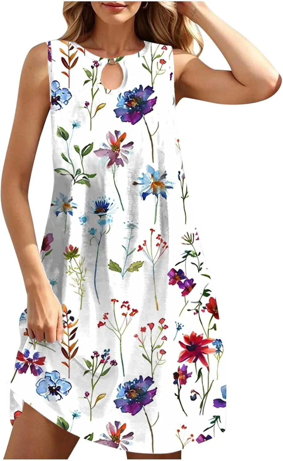 Boho Floral Dresses Womens Sleeveless Hollow Crewneck Midi Dress, Plus Size Dresses for Curvy Women Beach Sundress