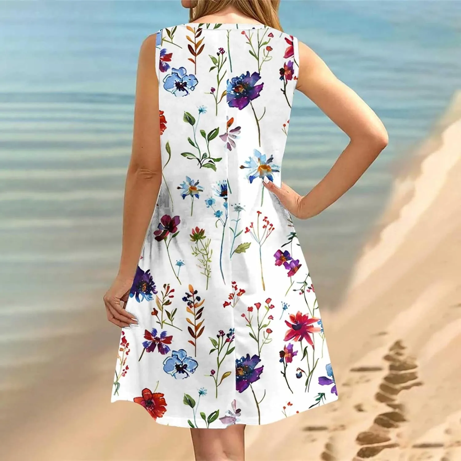 Boho Floral Dresses Womens Sleeveless Hollow Crewneck Midi Dress, Plus Size Dresses for Curvy Women Beach Sundress