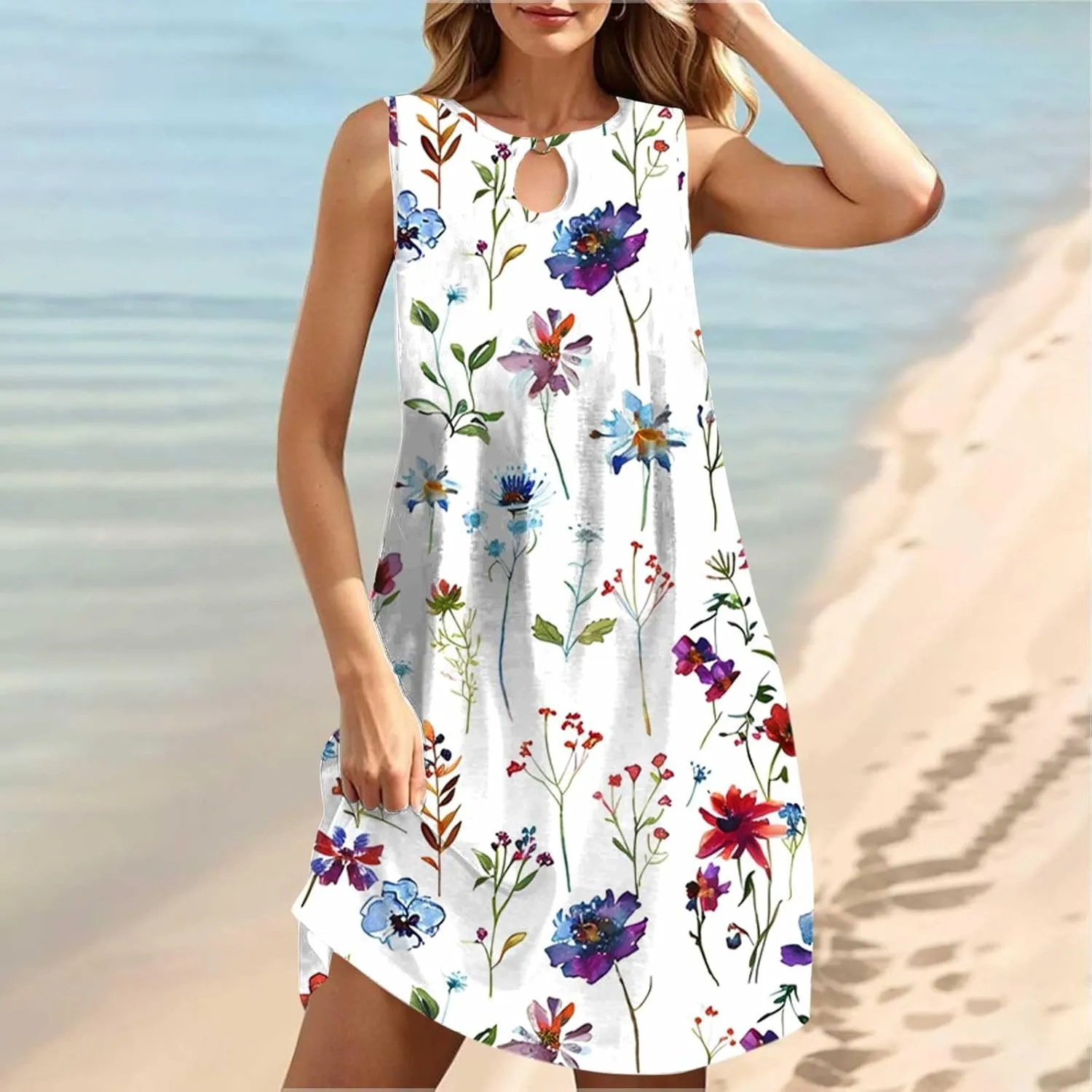 Boho Floral Dresses Womens Sleeveless Hollow Crewneck Midi Dress, Plus Size Dresses for Curvy Women Beach Sundress