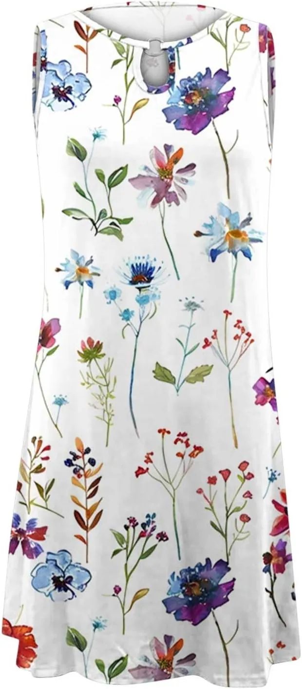 Boho Floral Dresses Womens Sleeveless Hollow Crewneck Midi Dress, Plus Size Dresses for Curvy Women Beach Sundress