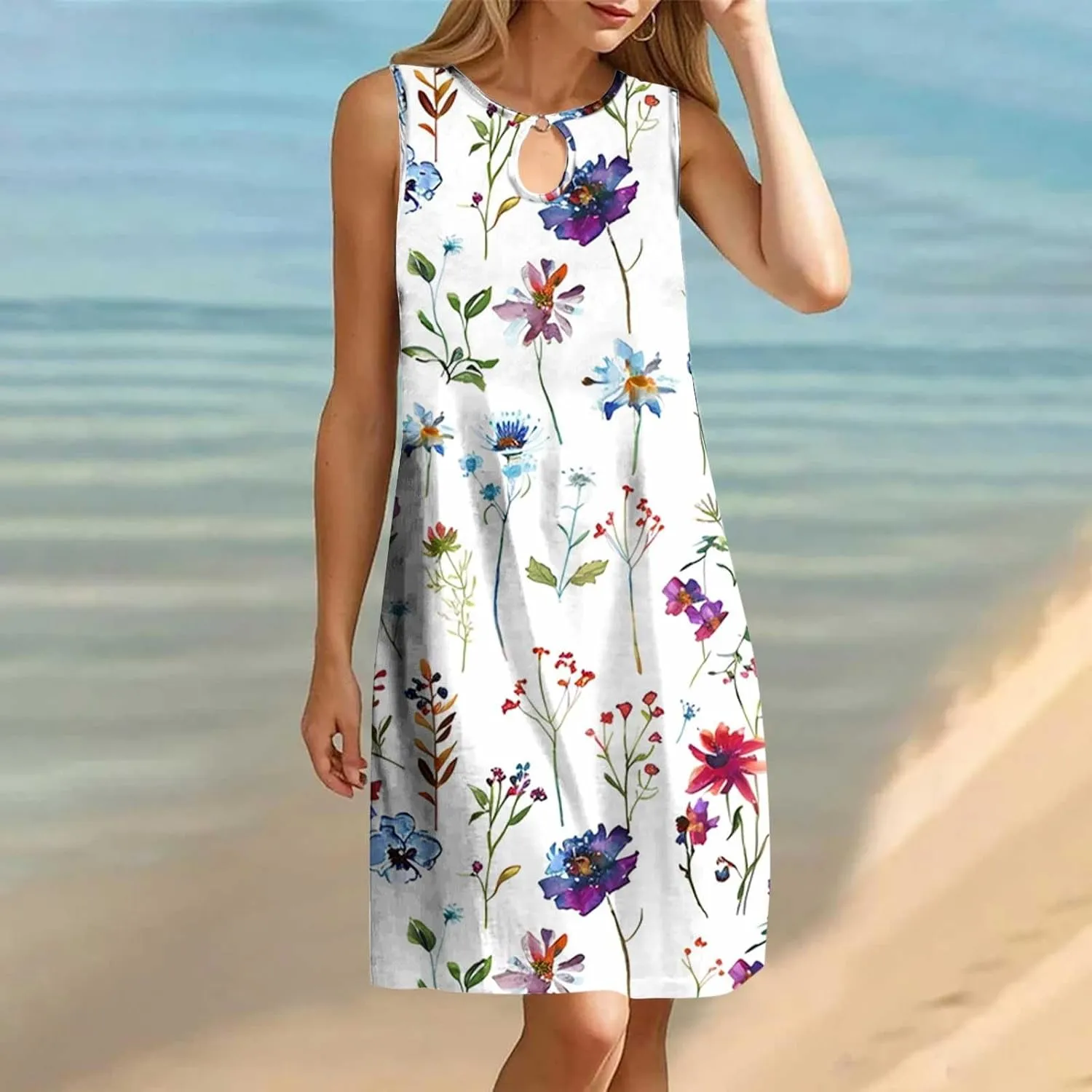 Boho Floral Dresses Womens Sleeveless Hollow Crewneck Midi Dress, Plus Size Dresses for Curvy Women Beach Sundress