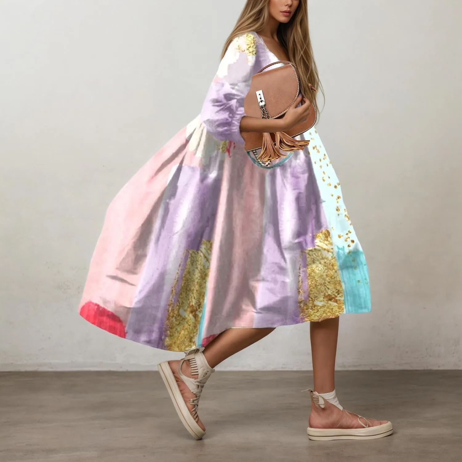 Boho Floral Midi Dress for Women Summer Flowy Beach Half Lantern Sleeve Crewneck Casual Loose Vacation Swing Dress