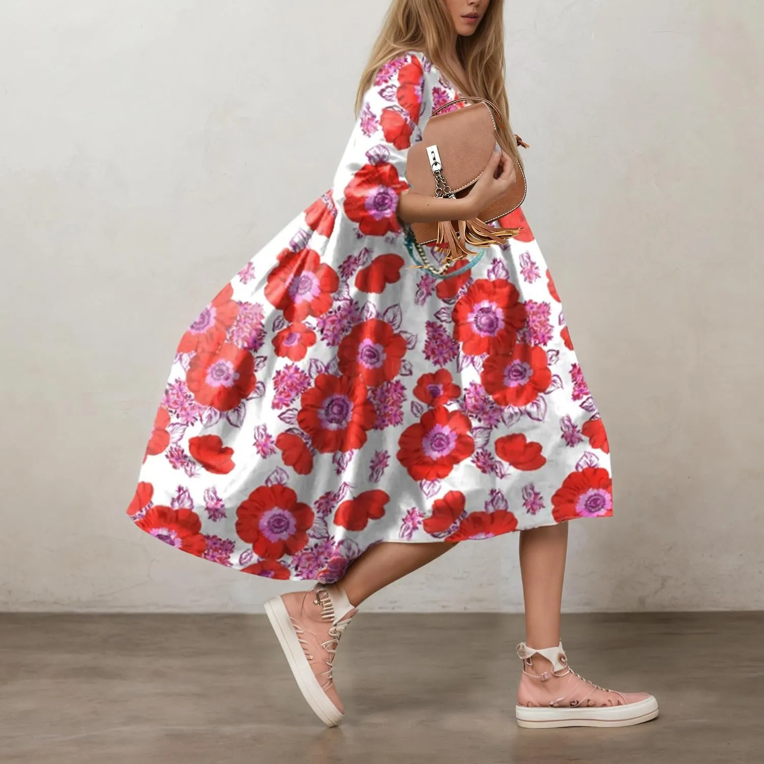 Boho Floral Midi Dress for Women Summer Flowy Beach Half Lantern Sleeve Crewneck Casual Loose Vacation Swing Dress