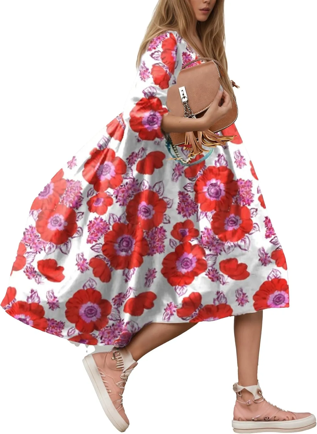 Boho Floral Midi Dress for Women Summer Flowy Beach Half Lantern Sleeve Crewneck Casual Loose Vacation Swing Dress