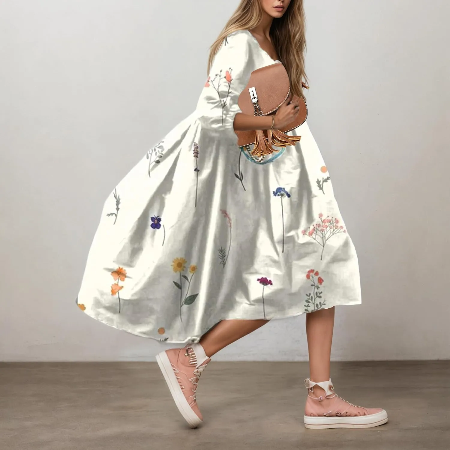 Boho Floral Midi Dress for Women Summer Flowy Beach Half Lantern Sleeve Crewneck Casual Loose Vacation Swing Dress