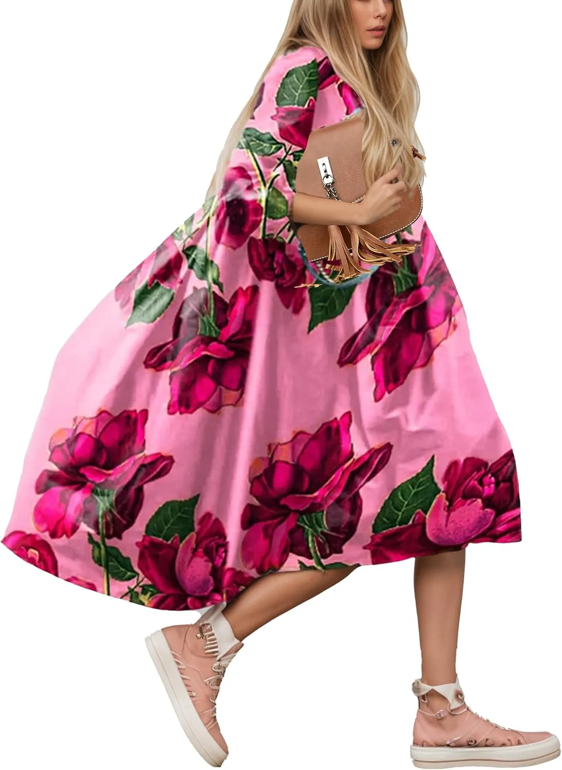 Boho Floral Midi Dress for Women Summer Flowy Beach Half Lantern Sleeve Crewneck Casual Loose Vacation Swing Dress