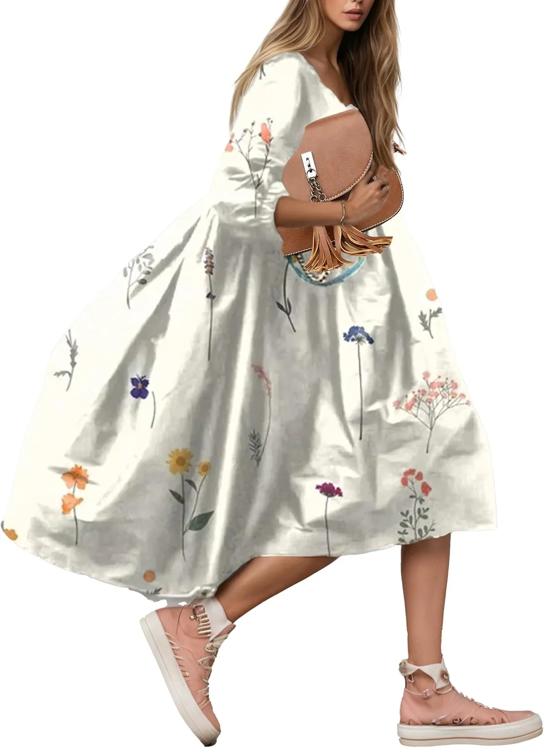 Boho Floral Midi Dress for Women Summer Flowy Beach Half Lantern Sleeve Crewneck Casual Loose Vacation Swing Dress