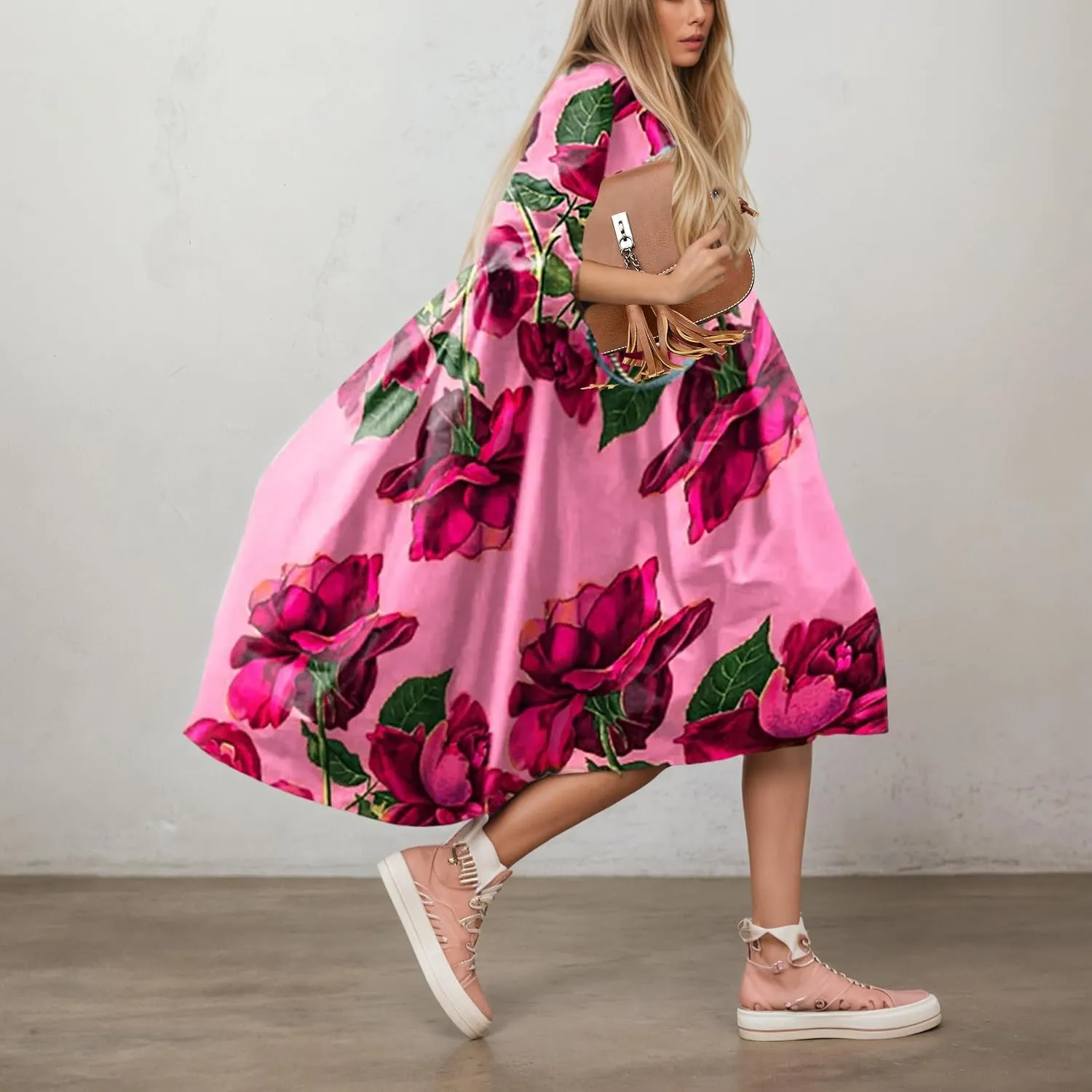 Boho Floral Midi Dress for Women Summer Flowy Beach Half Lantern Sleeve Crewneck Casual Loose Vacation Swing Dress