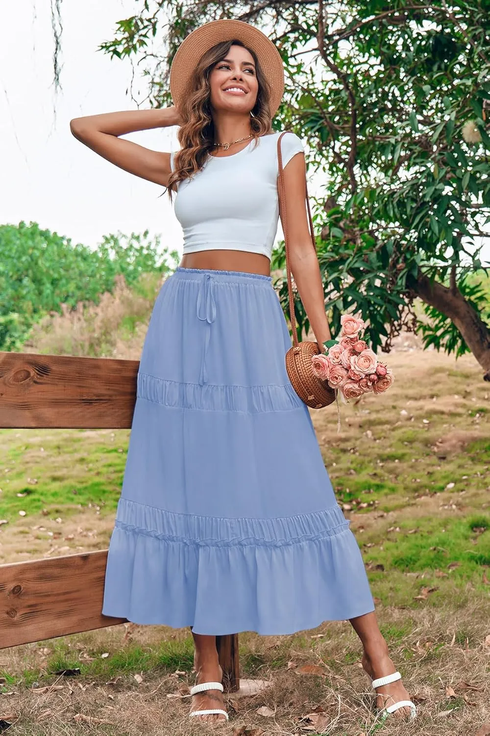 BZB Women's Summer Boho Maxi Skirts Pleated Elastic Waist Drawstring A-Line Flowy Tiered Beach Dress Long Skirt with Pockets