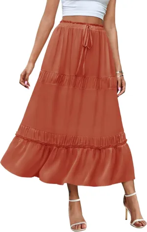 BZB Women's Summer Boho Maxi Skirts Pleated Elastic Waist Drawstring A-Line Flowy Tiered Beach Dress Long Skirt with Pockets