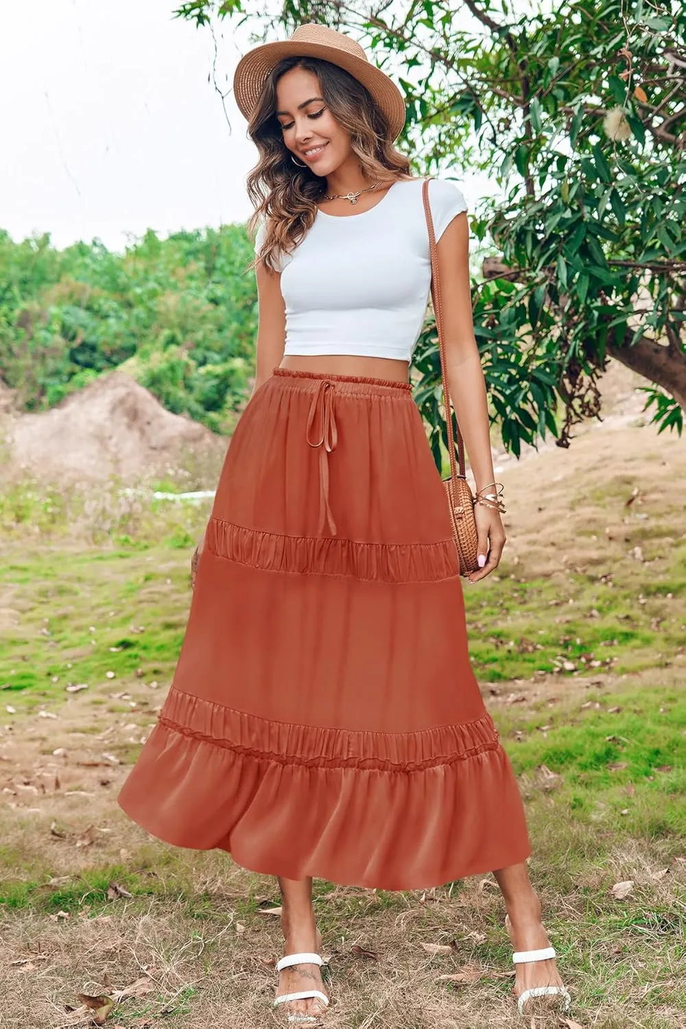 BZB Women's Summer Boho Maxi Skirts Pleated Elastic Waist Drawstring A-Line Flowy Tiered Beach Dress Long Skirt with Pockets