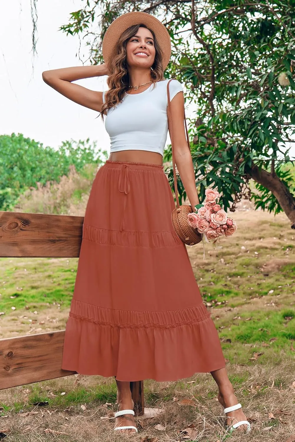 BZB Women's Summer Boho Maxi Skirts Pleated Elastic Waist Drawstring A-Line Flowy Tiered Beach Dress Long Skirt with Pockets