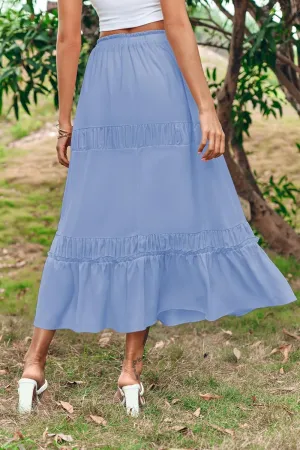 BZB Women's Summer Boho Maxi Skirts Pleated Elastic Waist Drawstring A-Line Flowy Tiered Beach Dress Long Skirt with Pockets
