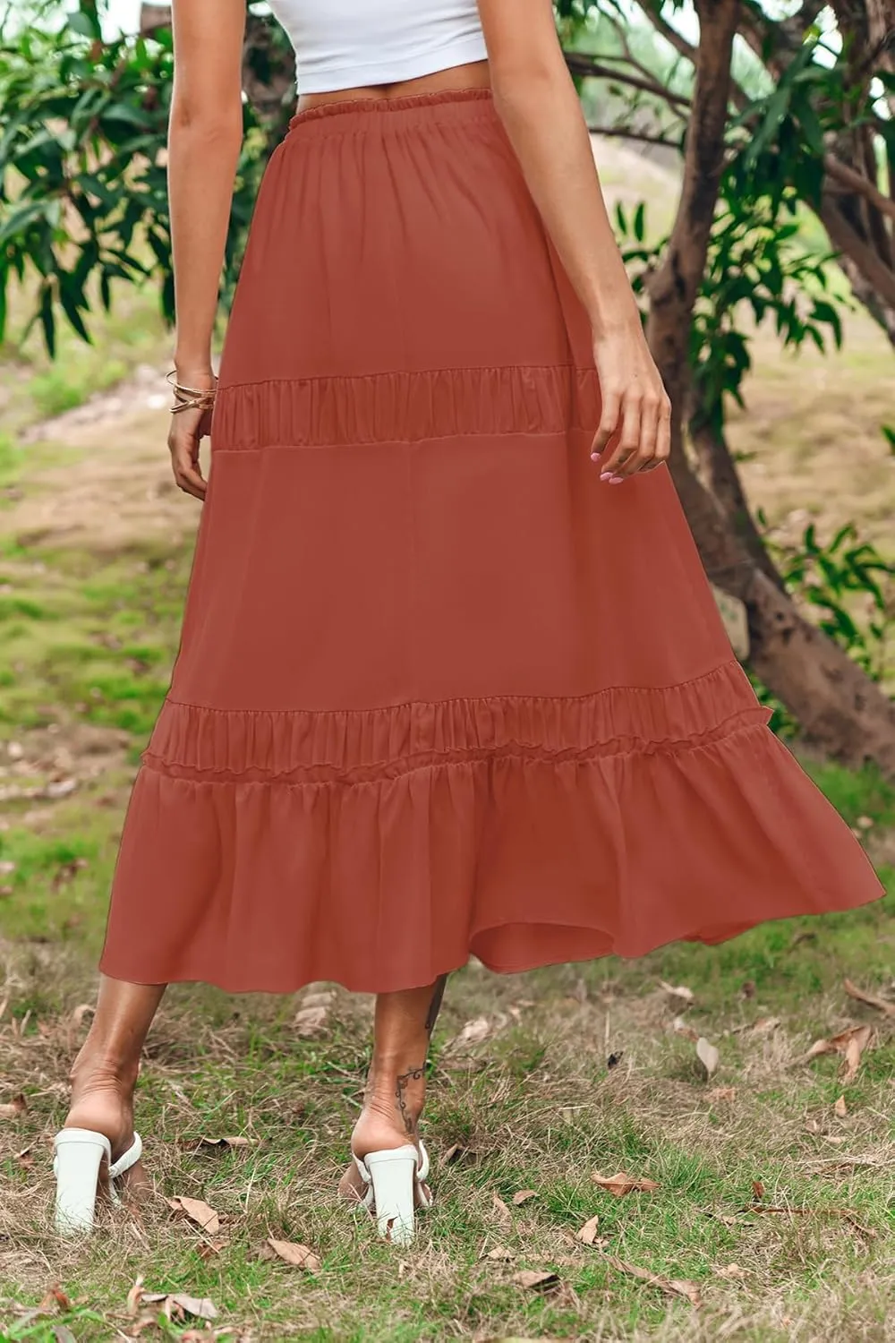 BZB Women's Summer Boho Maxi Skirts Pleated Elastic Waist Drawstring A-Line Flowy Tiered Beach Dress Long Skirt with Pockets