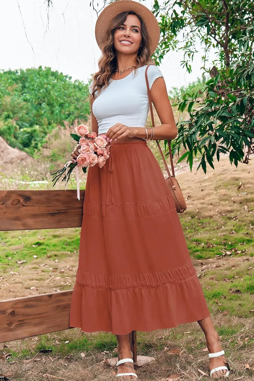 BZB Women's Summer Boho Maxi Skirts Pleated Elastic Waist Drawstring A-Line Flowy Tiered Beach Dress Long Skirt with Pockets