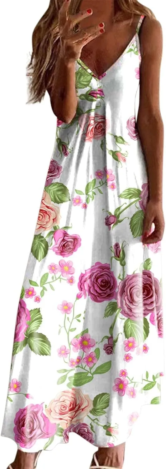 Casual Fashion Women's Sling Slim Fit Slim Long Swing Sleeveless Print Dress Blossoms Strap Dress