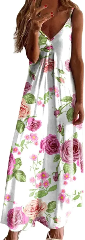 Casual Fashion Women's Sling Slim Fit Slim Long Swing Sleeveless Print Dress Blossoms Strap Dress