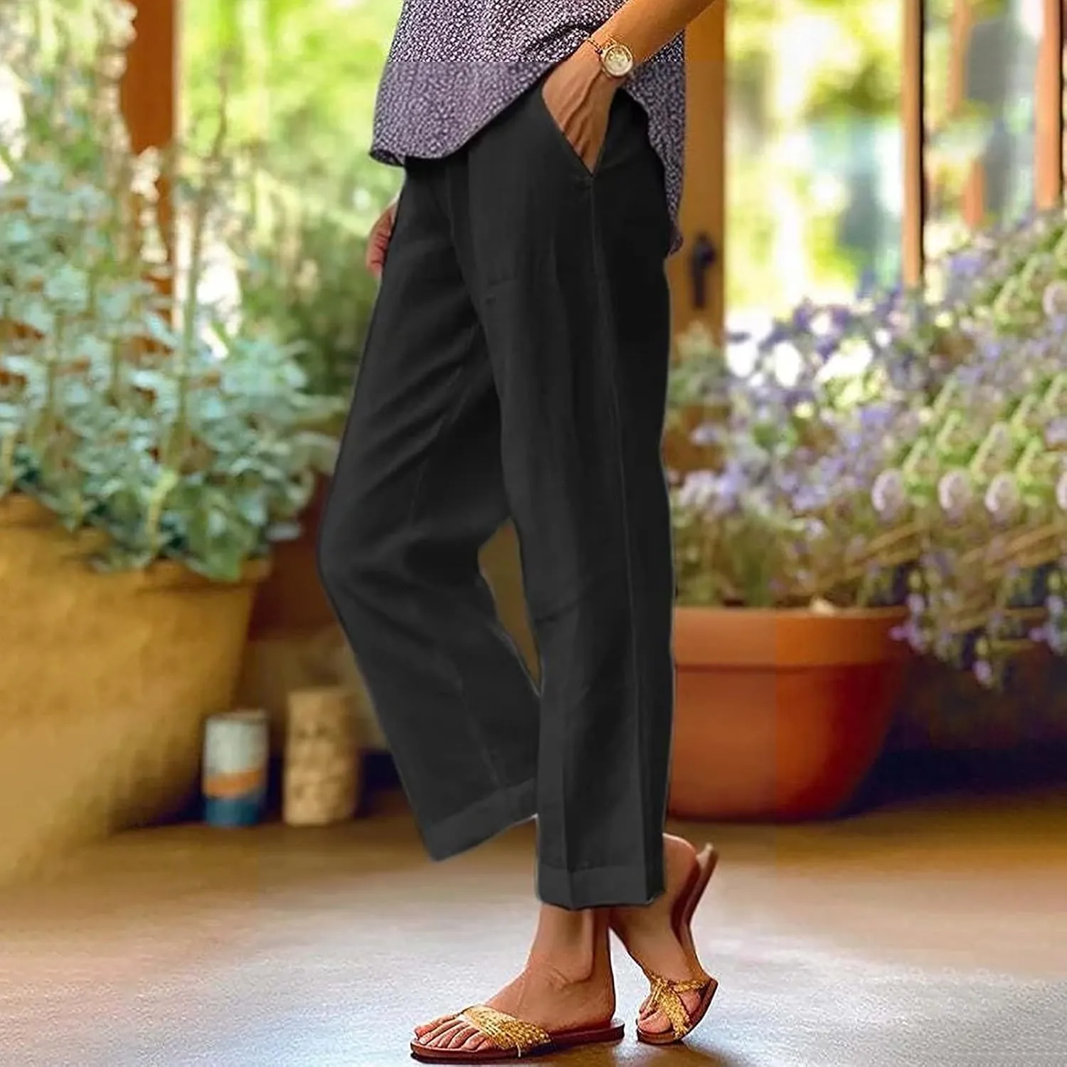 Casual Linen Pants for Women 2025 Solid Straight Elastic Pants Long Drawstring Linen Waist Cotton Casual Trousers